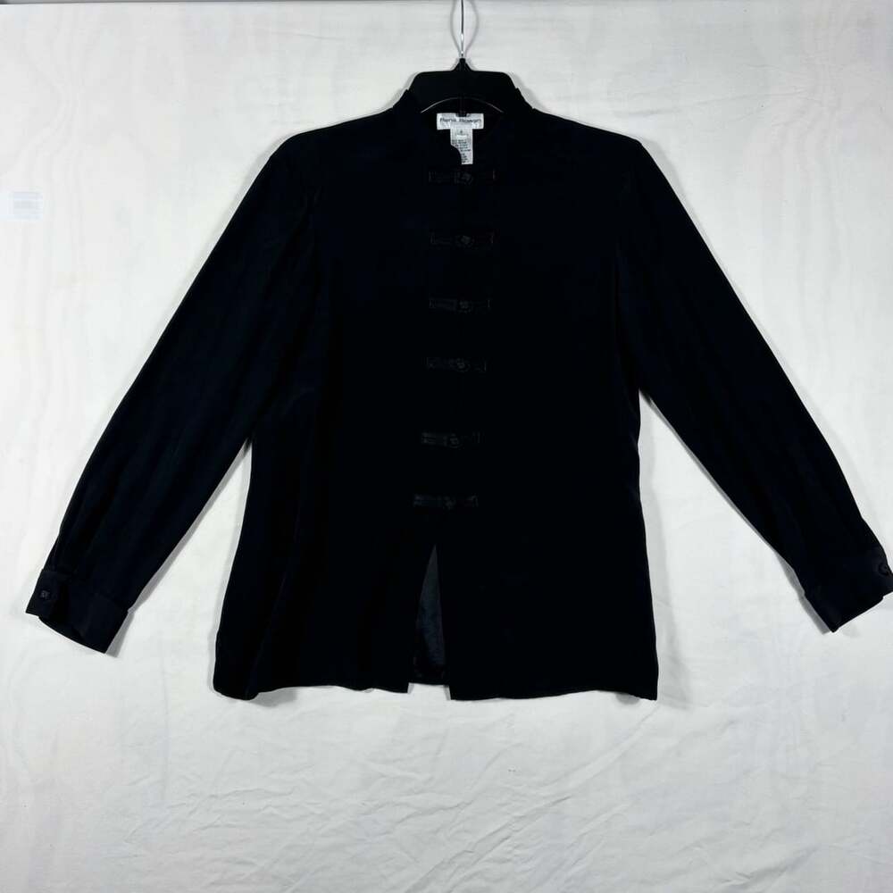 Rena Rowan Silk Blend Blouse Size 8 Black Mandarin Collar Knot Button